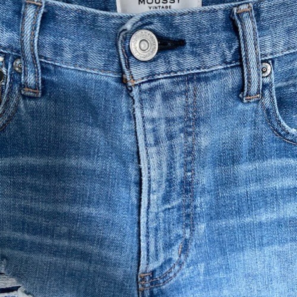 MOUSSY Vintage Mid Rise Tapered Leg Distressed Denim Blue Jeans 26 - Picture 6 of 16